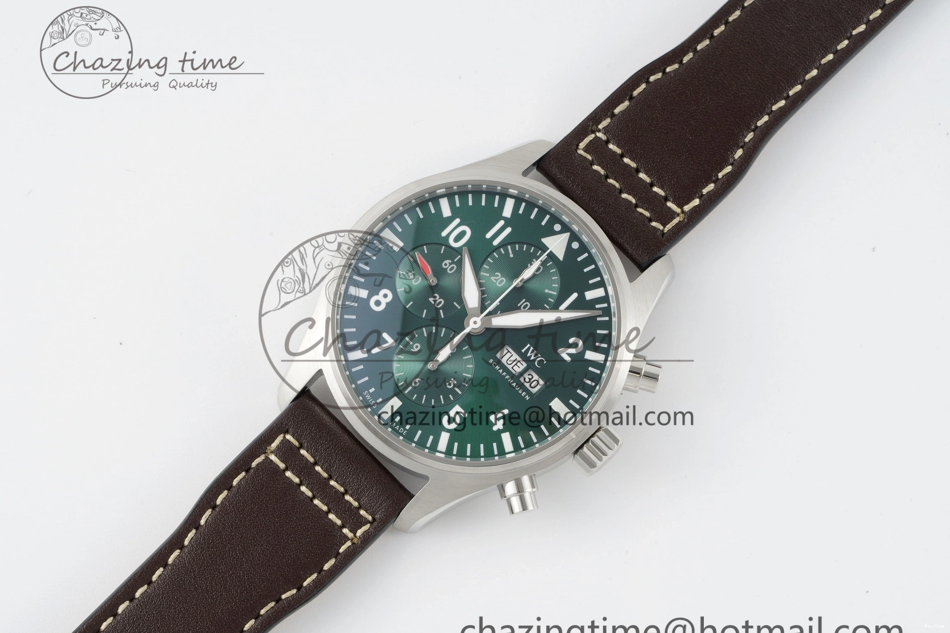 MIROTIME 0326 Bright Pilot Chrono SS AZF 1:1 Best Edition Green Dial on Brown Leather Strap A 7059